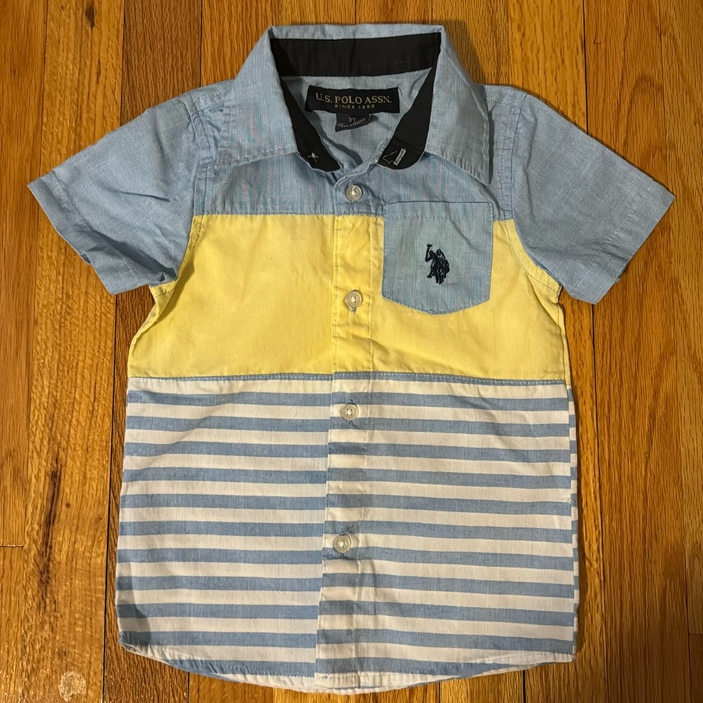 U.S. Polo Assn Shirt Boys 3T Button Up Short Sleeve Blue, White, Yellow